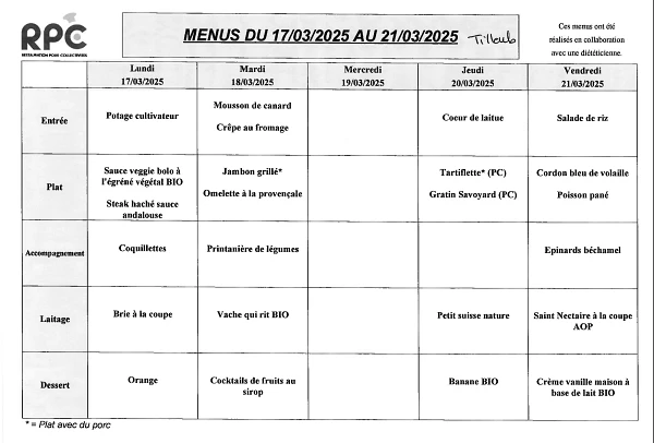 Menu Tilleuls du 17 au 21 Mars 2025