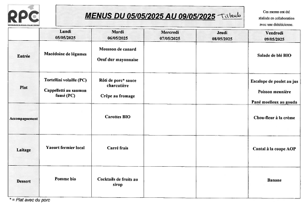 Menu Tilleuls du 5 au 9 mai 2025