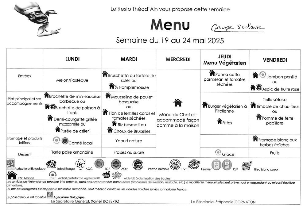 Menu du 19 au 24 mai 2025