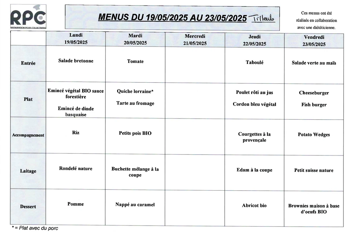 Menu Tilleuls du 19 au 23 mai 2025