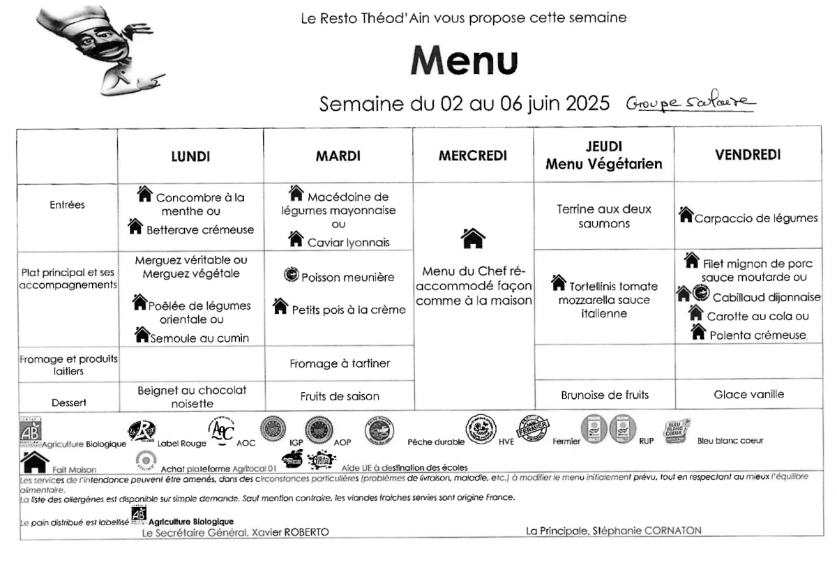 Menu du 2 au 6 juin 2025