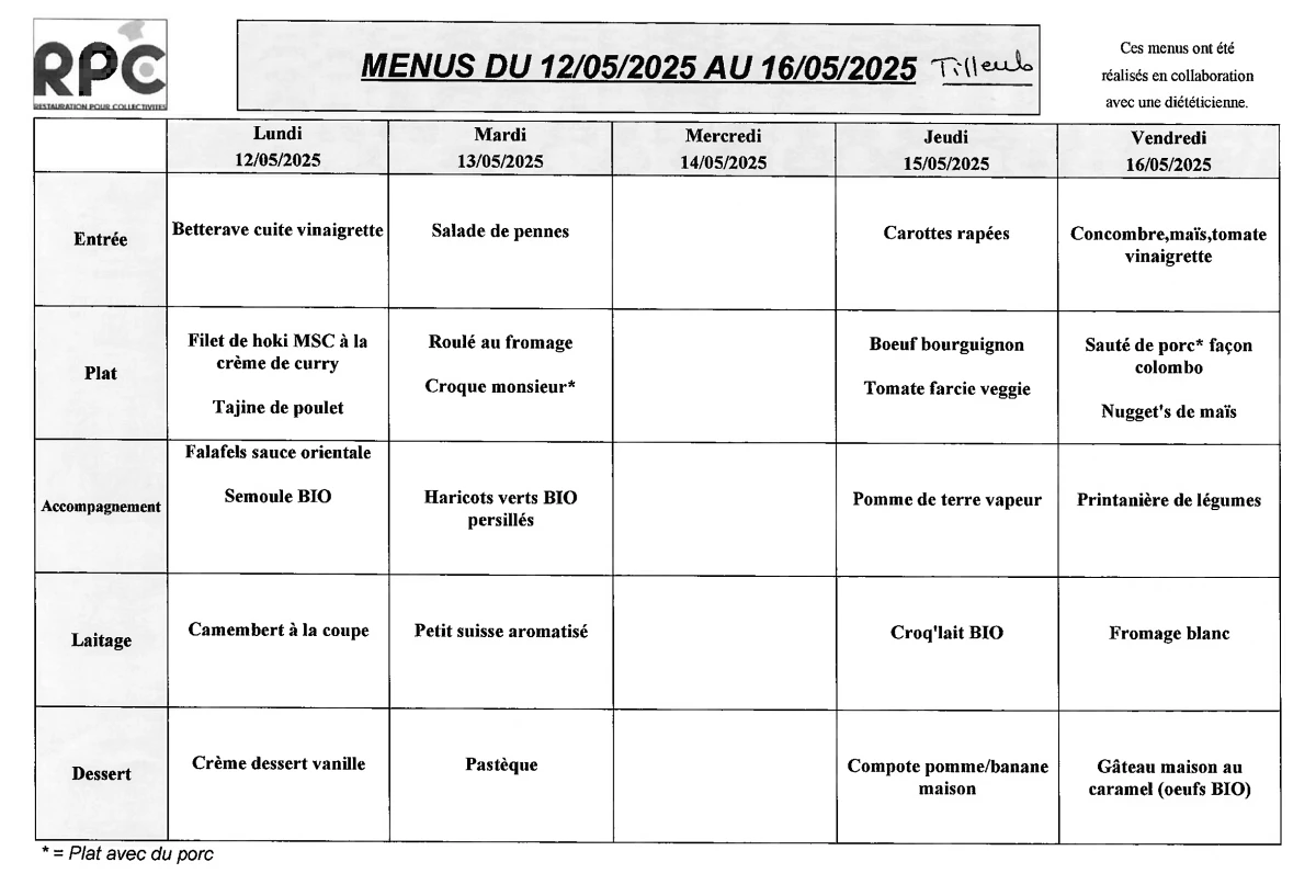Menu Tilleuls du 12 au 16 mai 2025