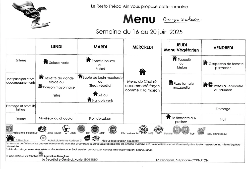 Menu du 16 au 20 juin 2025