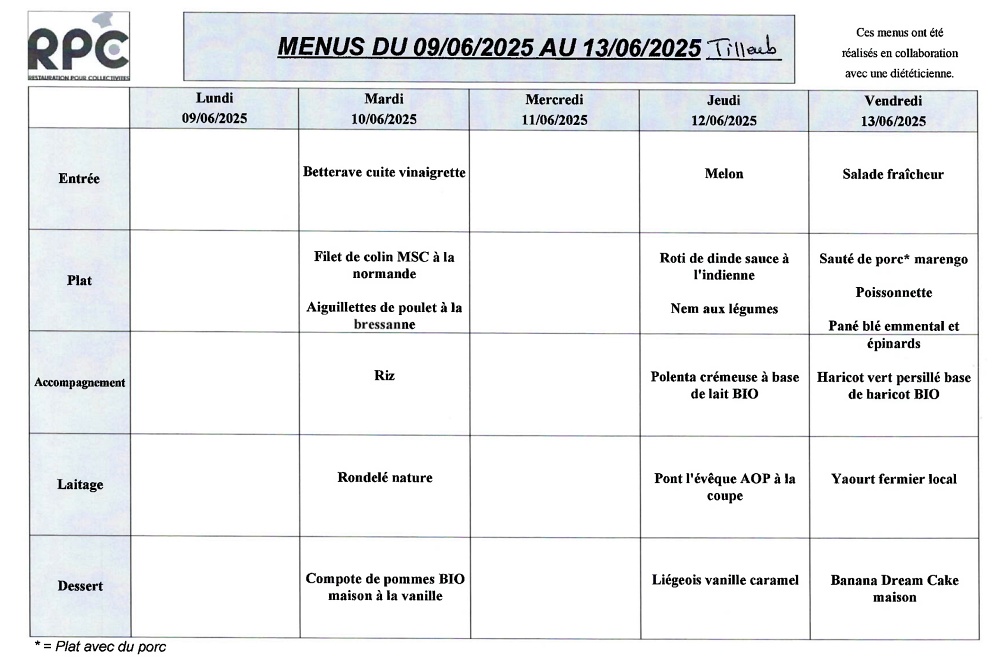 Menu Tilleuls du 10 au 13 juin 2025