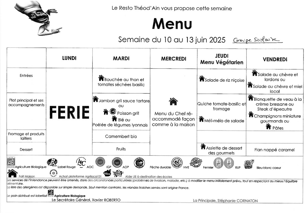 Menu du 10 au 13 juin 2025