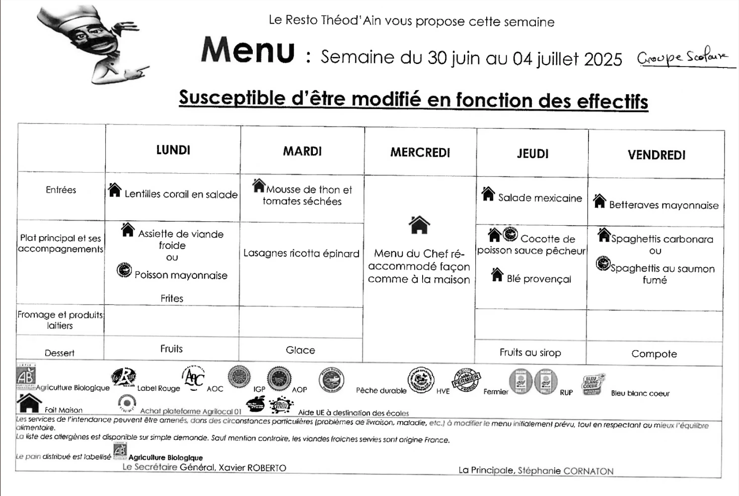 Menu du 30 juin au 4 juillet 2025