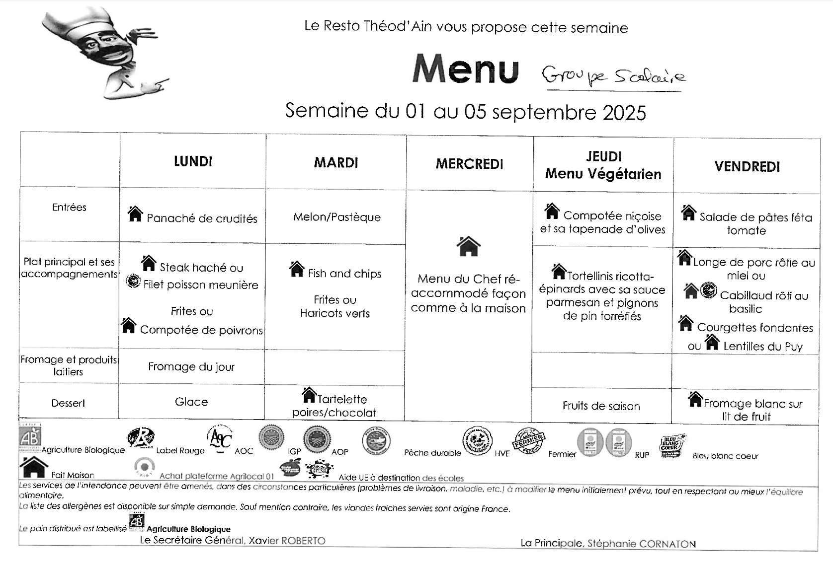 Menu du 1er au 5 septembre 2025