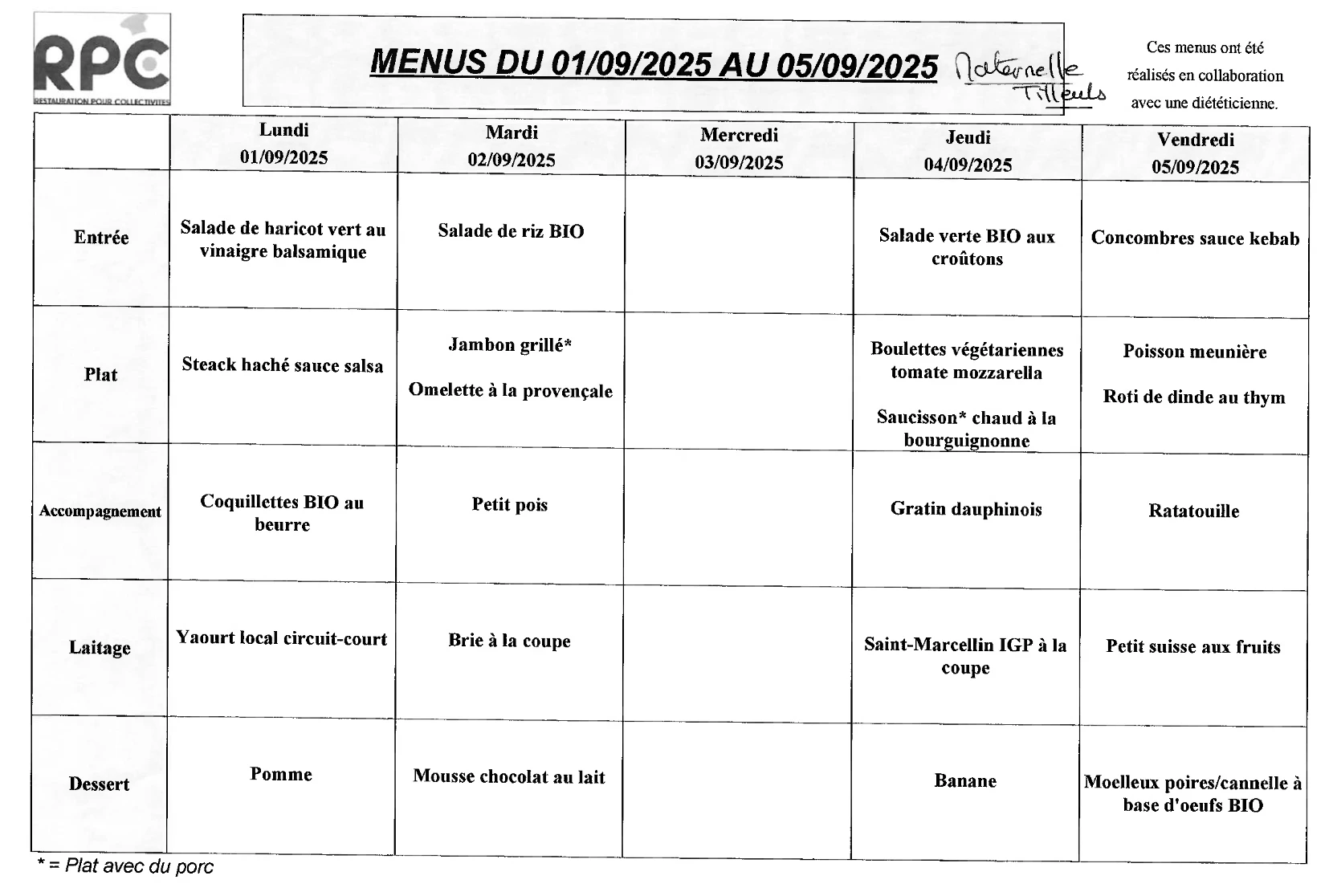 Menu Tilleuls du 1er au 5 septembre 2025