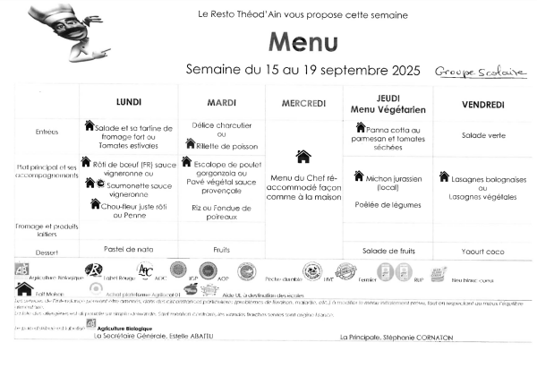 Menu du 15 au 19 septembre 2025