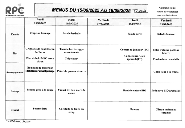 Menu Tilleuls du 15 au 19 septembre 2025