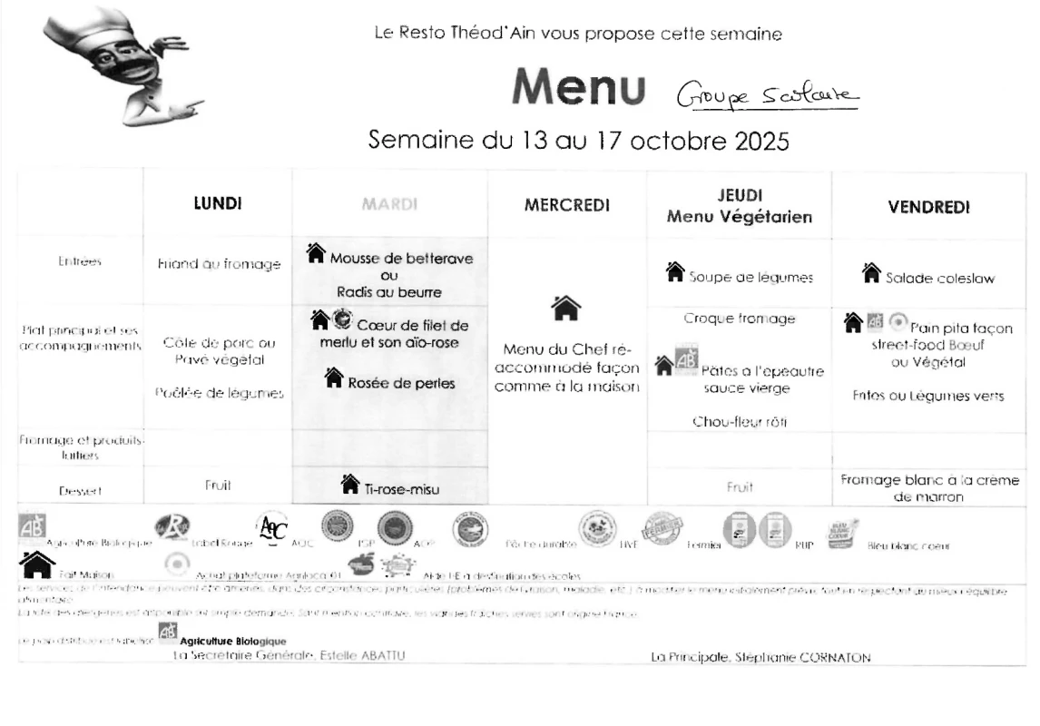 Menu du 13 au 17 octobre 2025