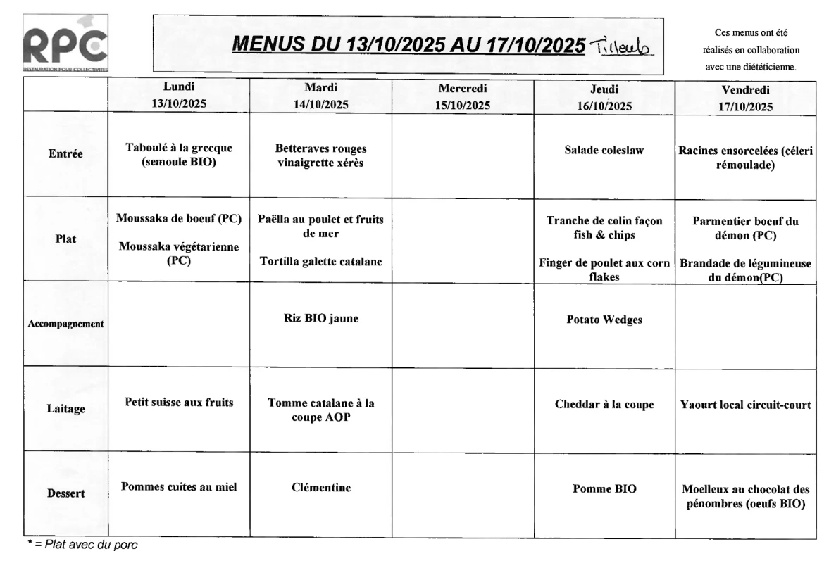 Menu Tilleuls du 13 au 17 octobre 2025