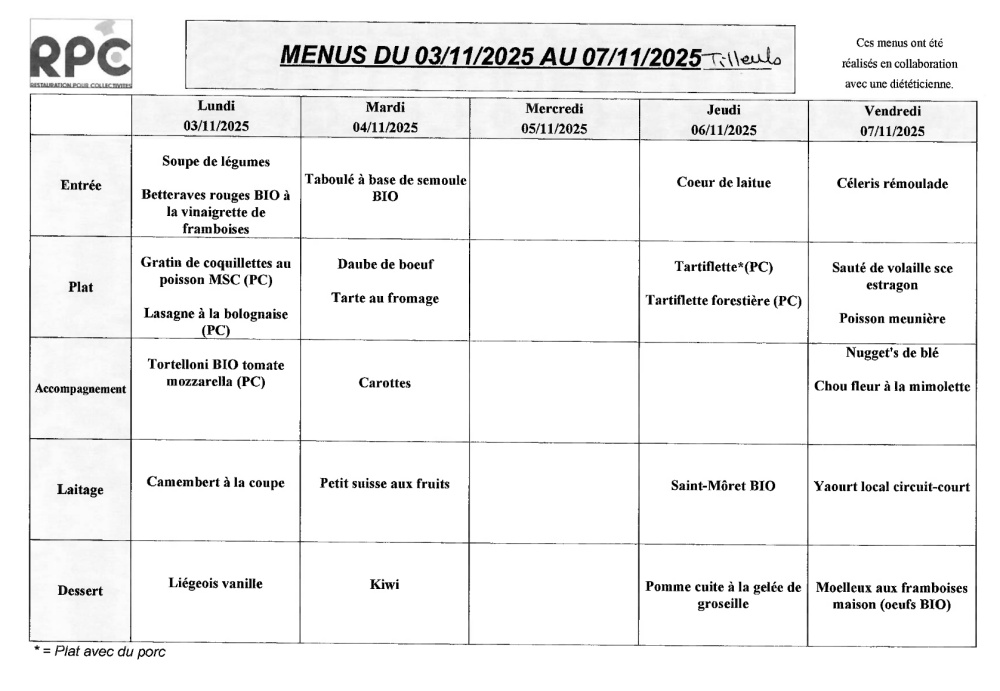 Menu Tilleuls du 3 au 7 octobre 2025