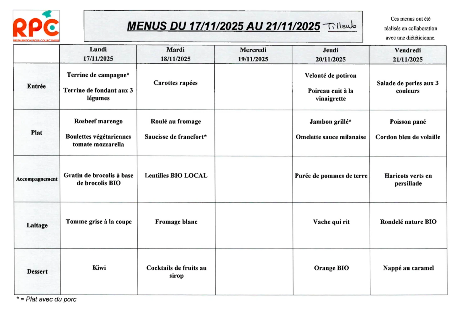 Menu Tilleuls du 17 au 21 novembre 2025