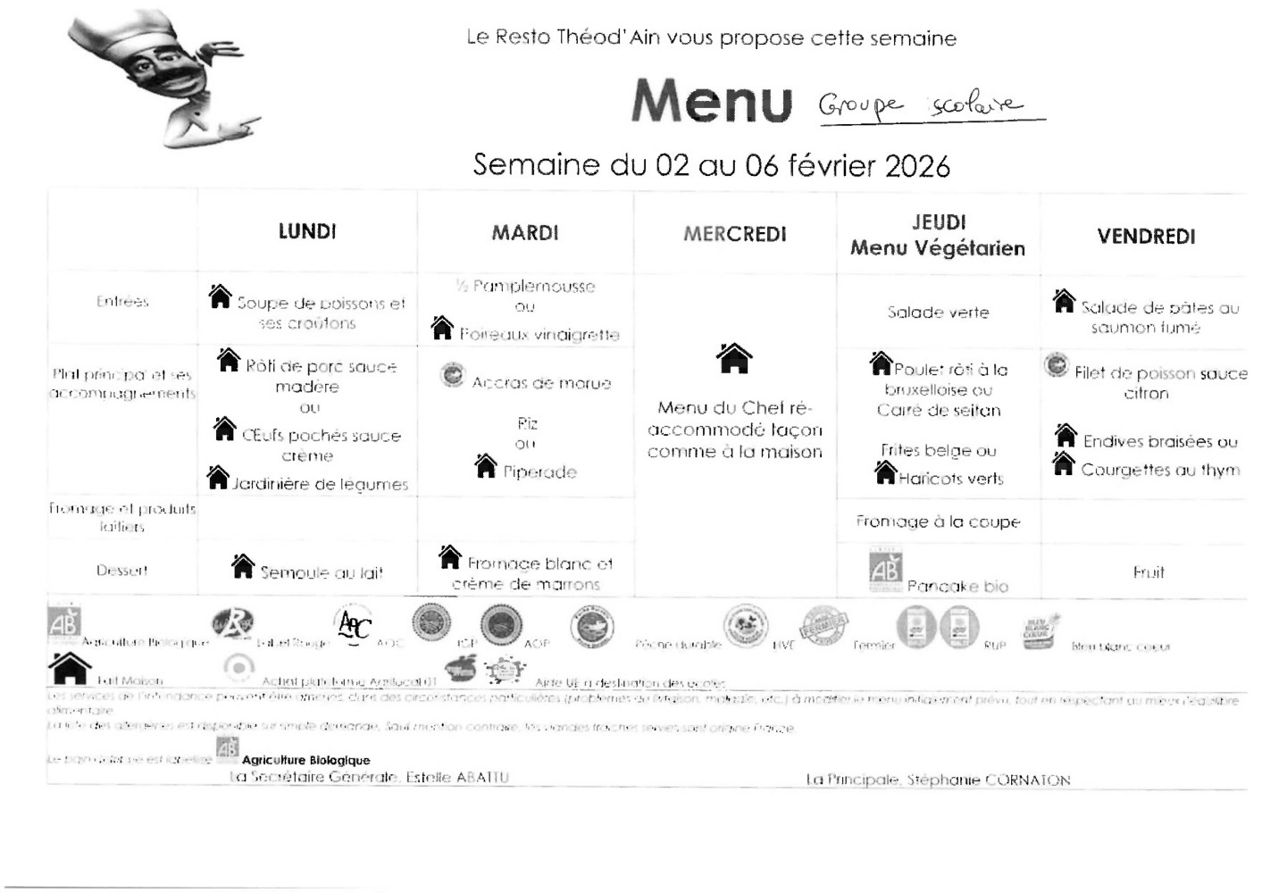 Menu du 02 au 06 février 2026