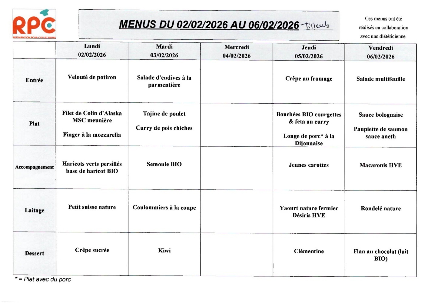 Menu Tilleuls du 02 au 06 février 2026
