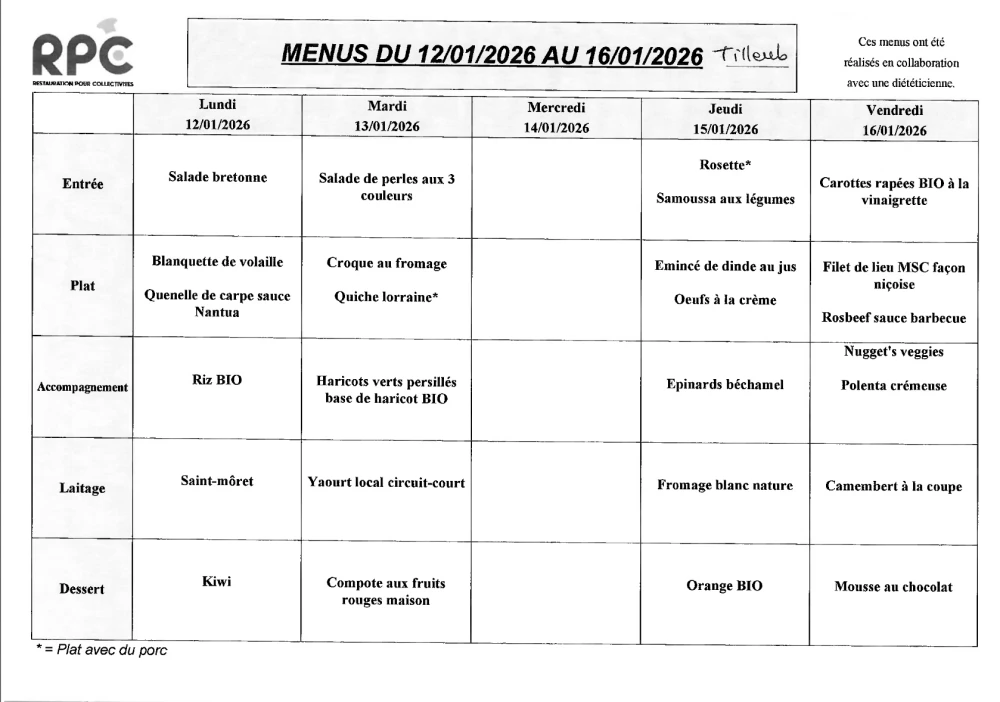 Menu Tilleuls du 12 au 16 janvier 2026