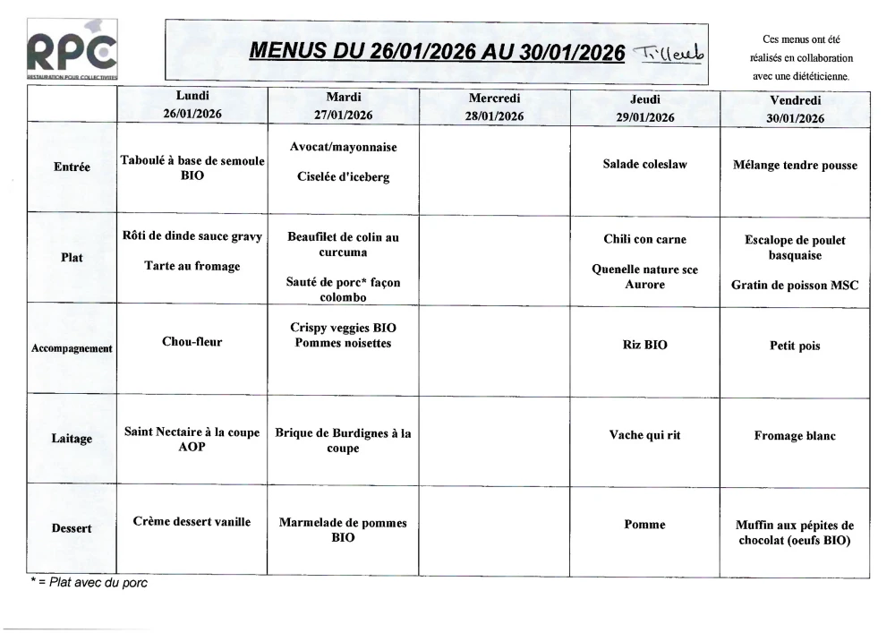 Menu Tilleuls du 26 au 31 janvier 2026