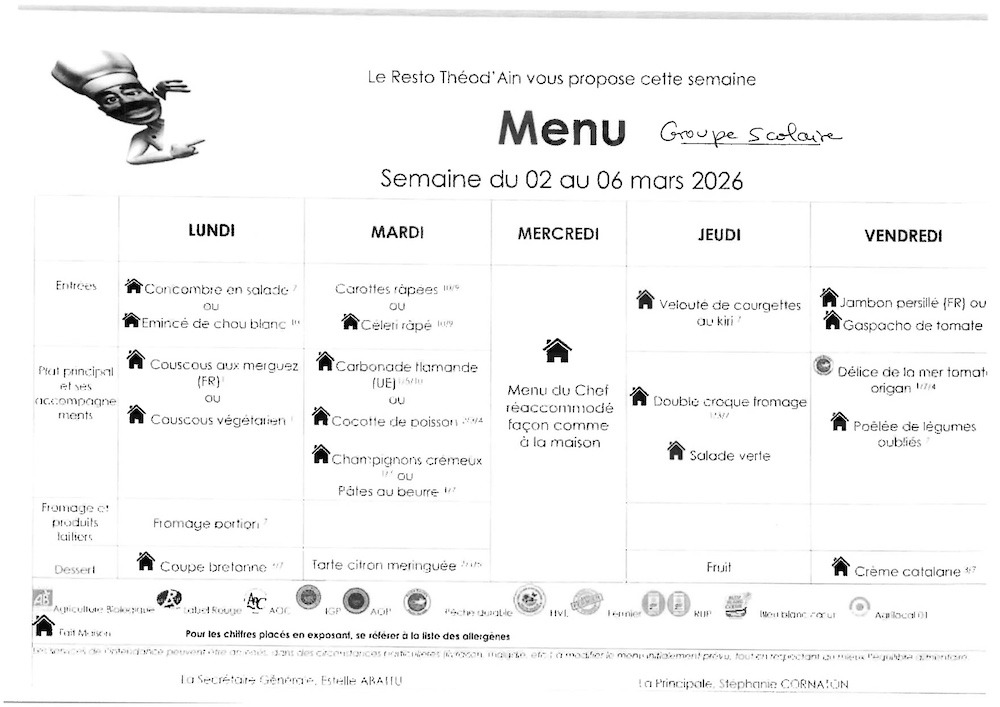 Menu du 2 au 5 mars 2026