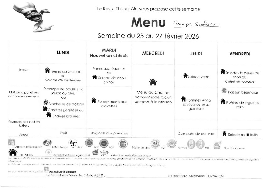 Menu du 23 au 27 février 2026