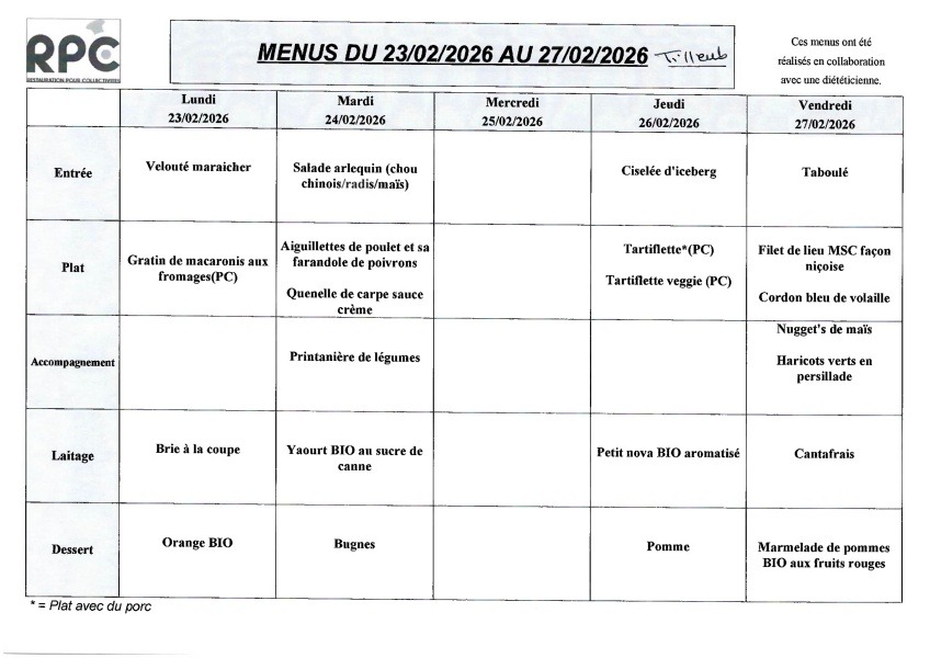Menu Tilleuls du 23 au 27 février 2026