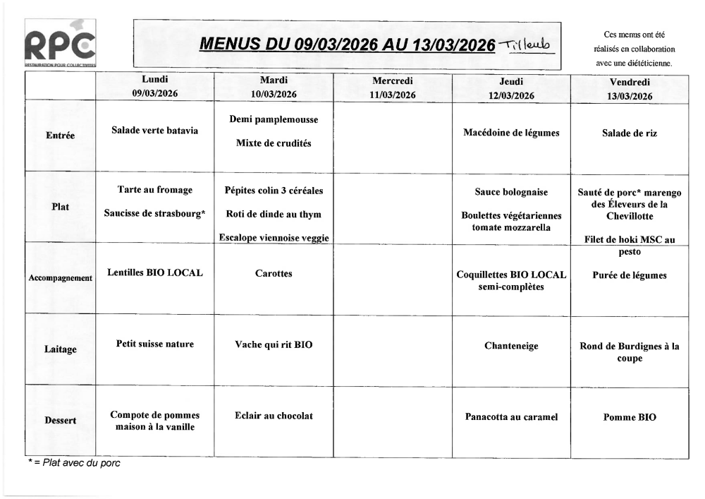 Menu Tilleuls du 9 au 13 mars 2026