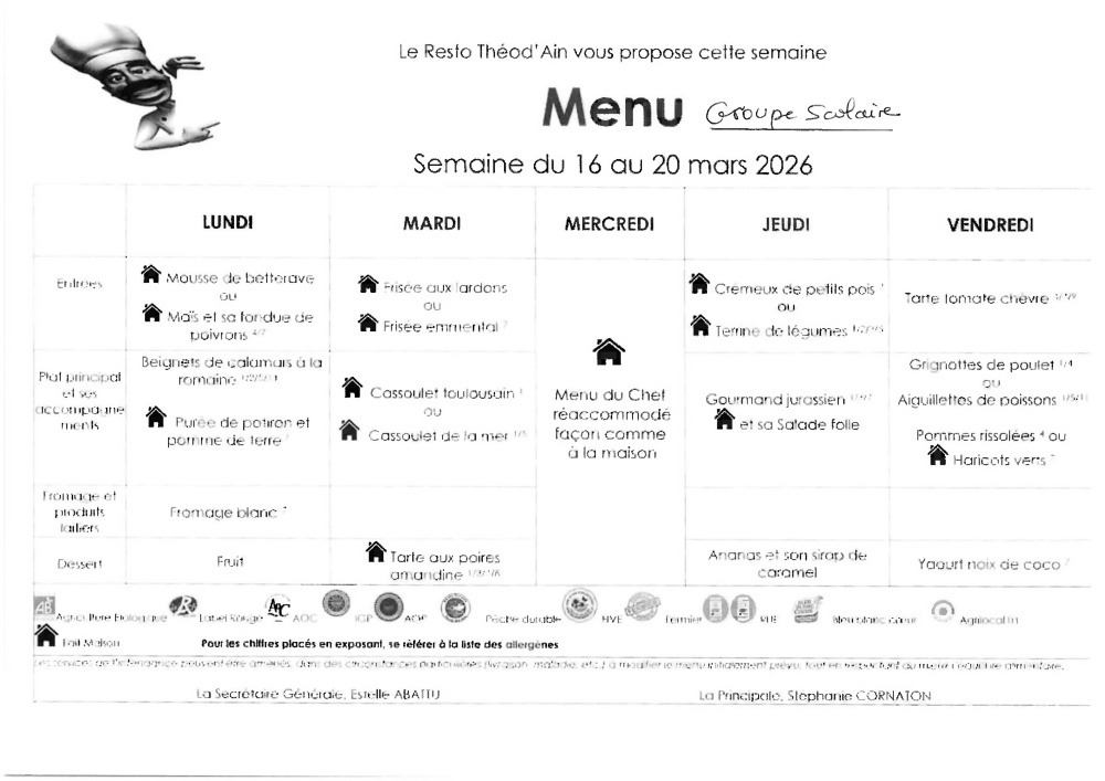 Menu du 16 au 20 mars 2026