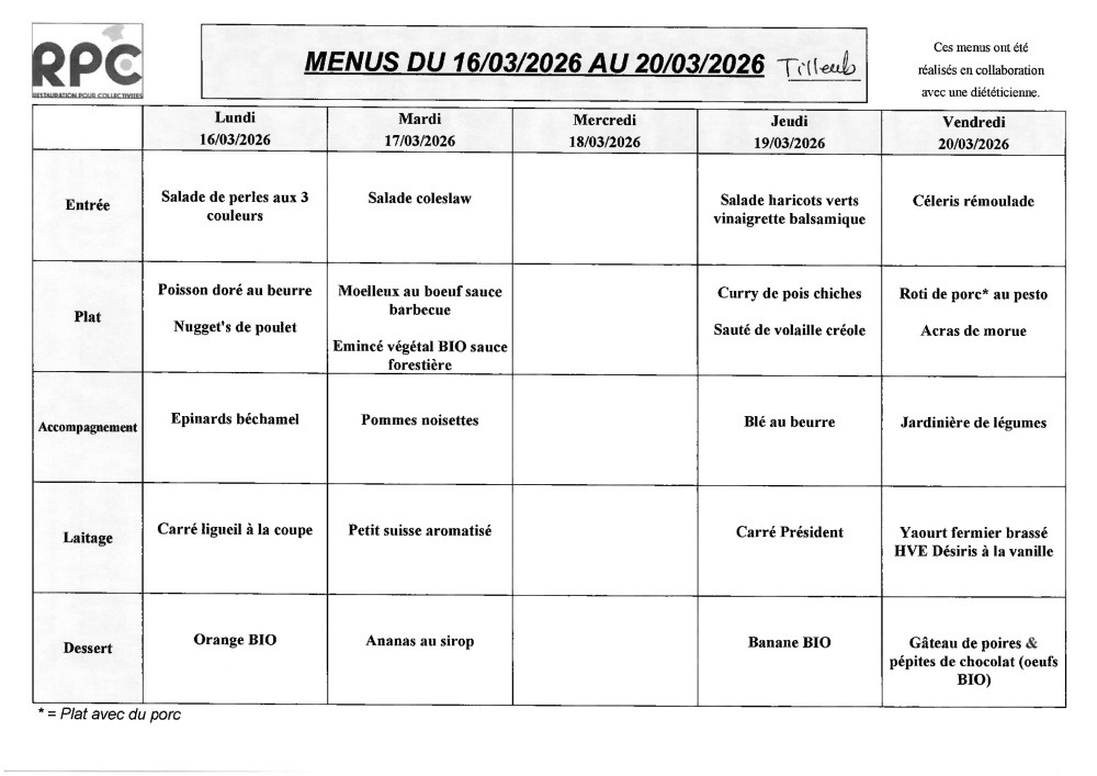 Menu Tilleuls du 16 au 20 mars 2026