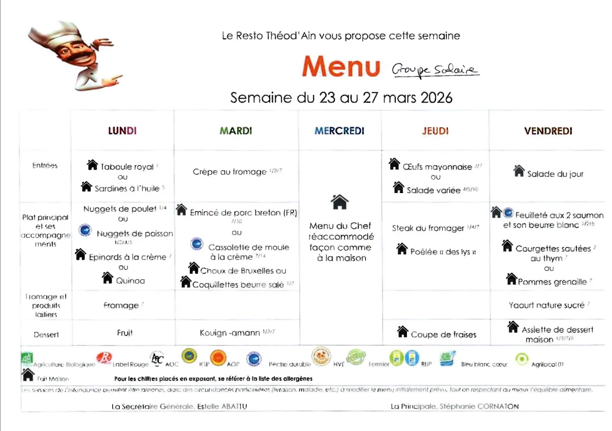 Menu du 23 au 27 mars 2026
