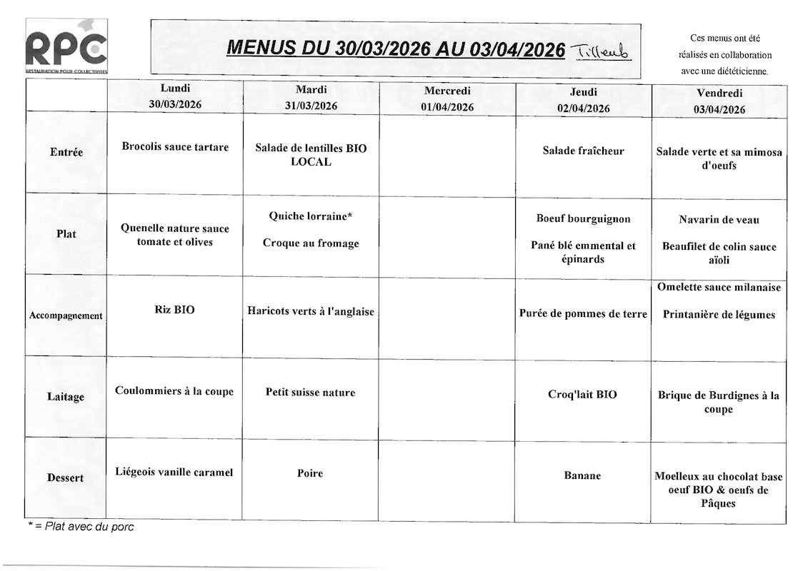 Menu Tilleuls du 30 mars au 3 avril 2026