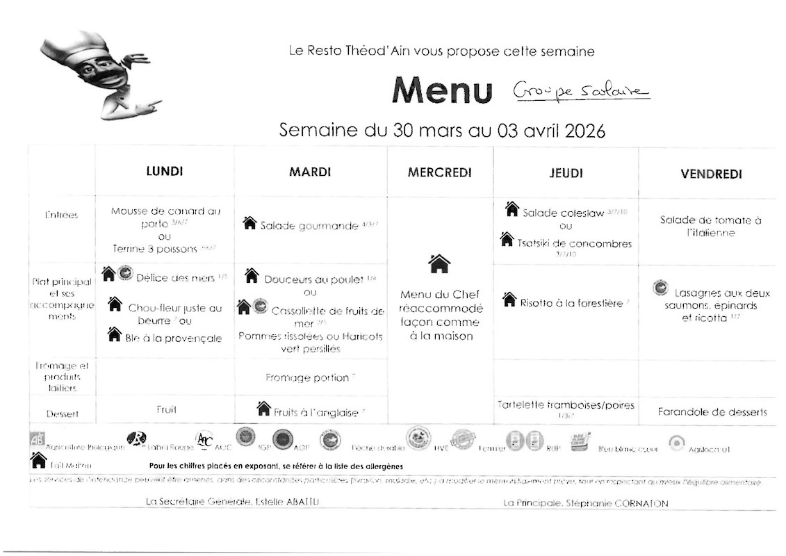Menu du 30 mars au 3 avril 2026