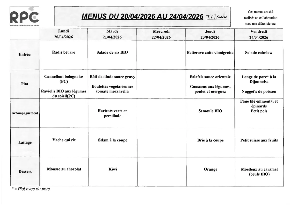 Menu de la semaine