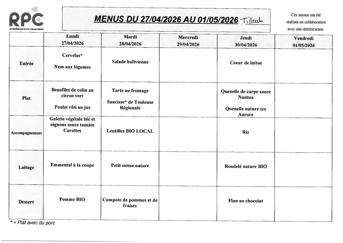 Menu de la semaine