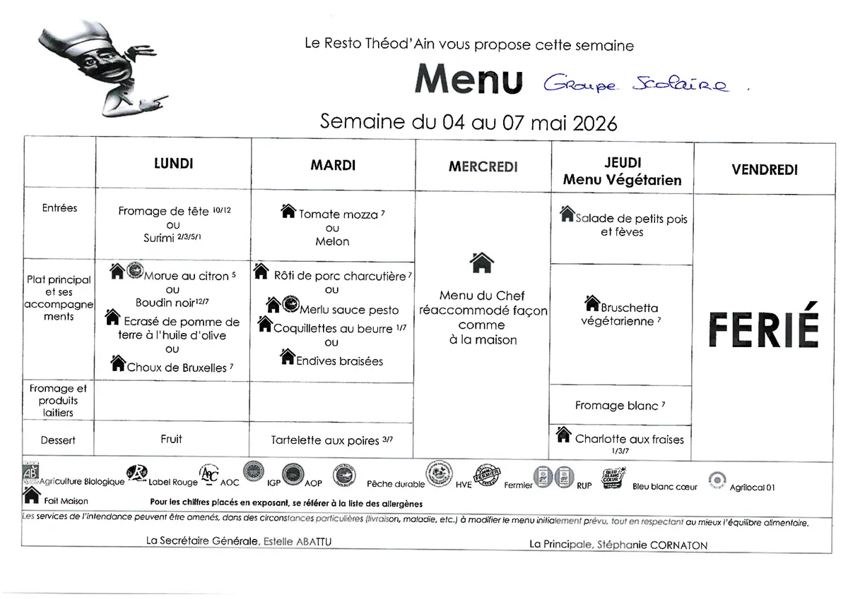 Menu de la semaine