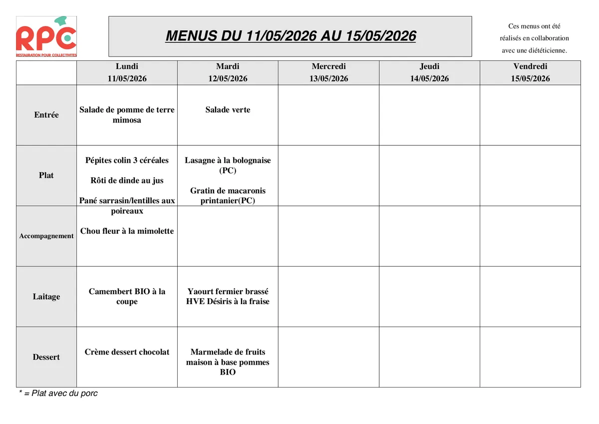 Menu de la semaine