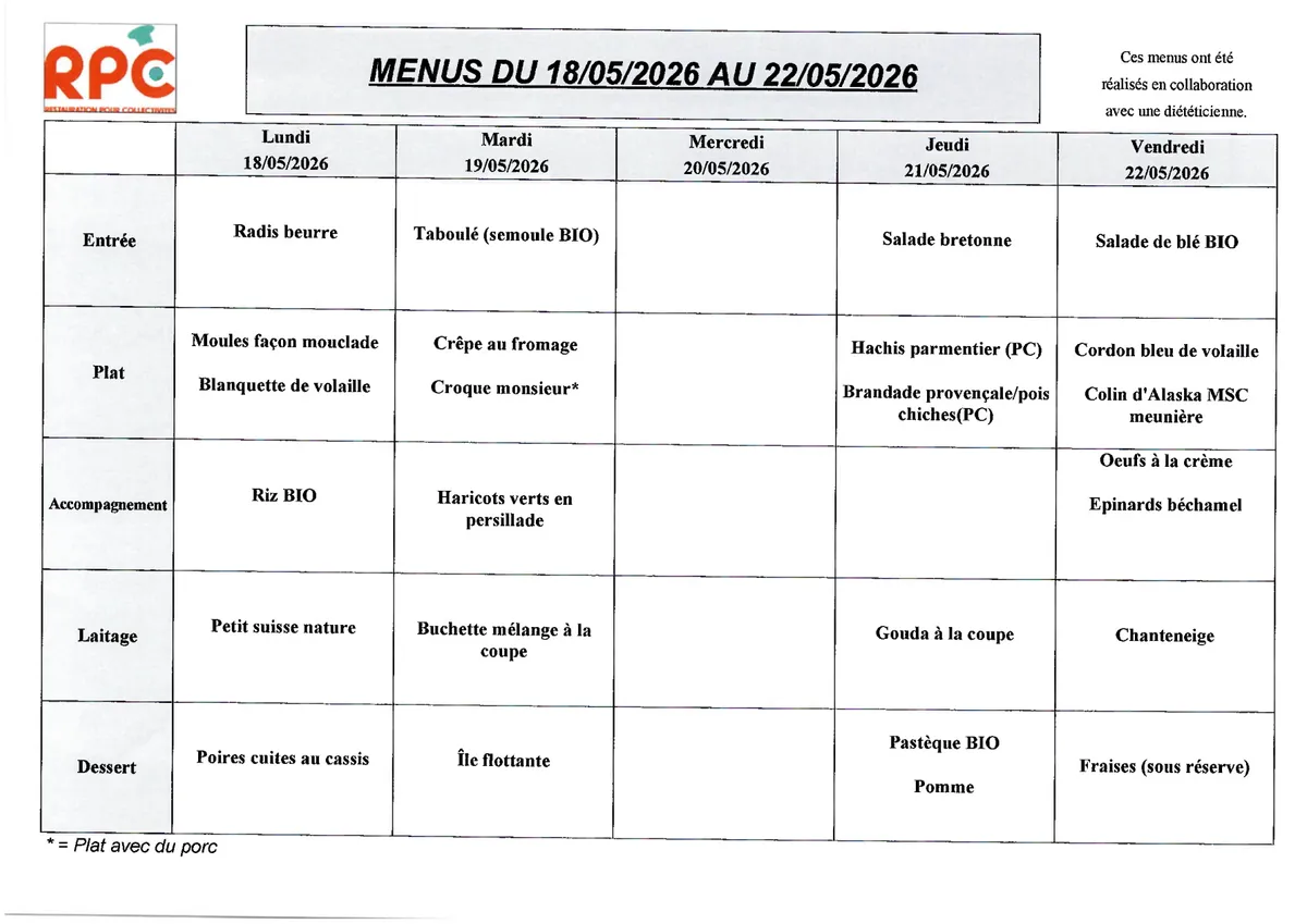 Menu de la semaine