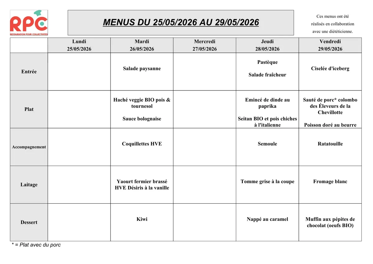 Menu de la semaine