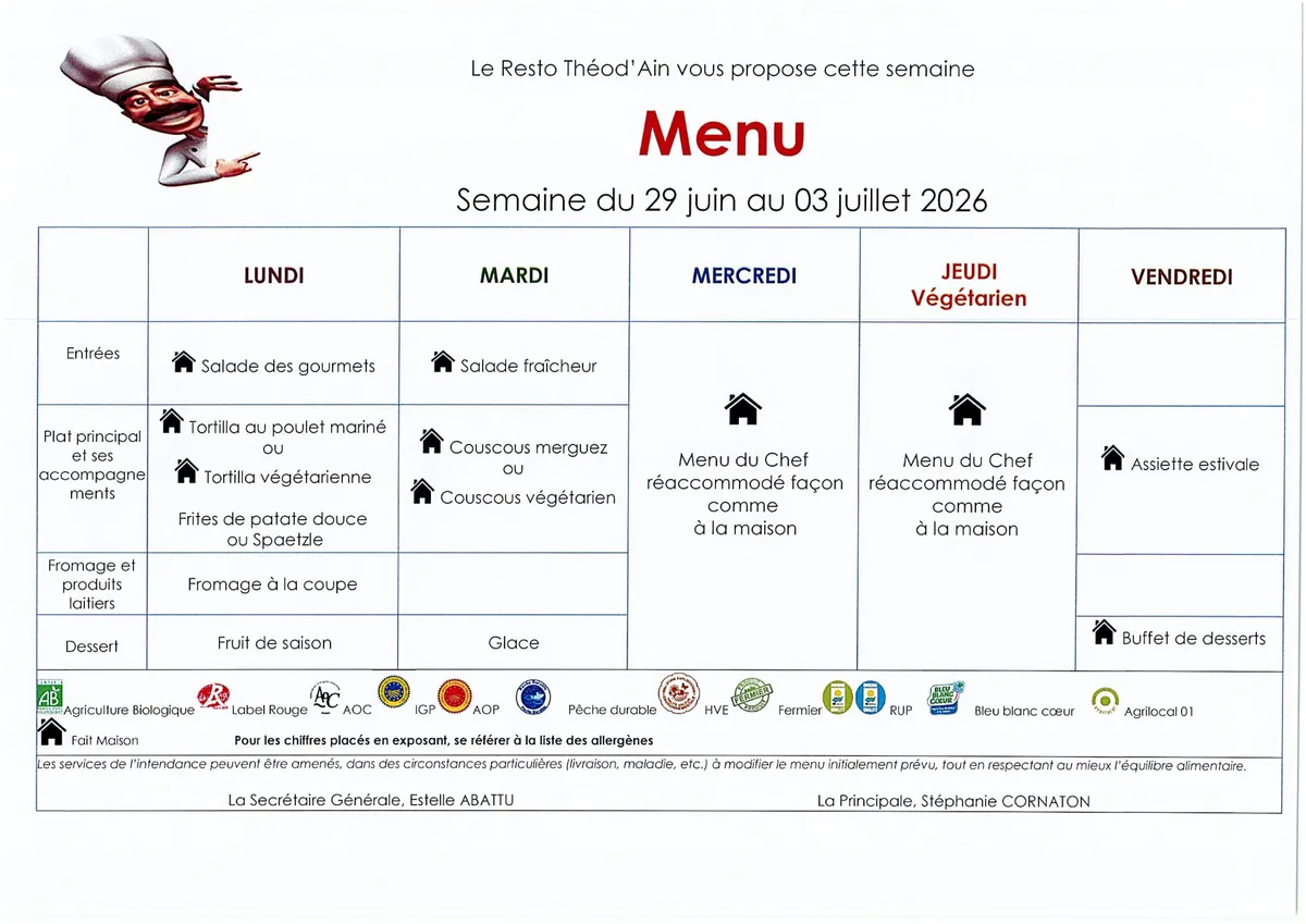 Menu de la semaine