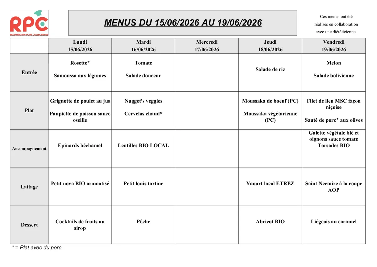 Menu de la semaine