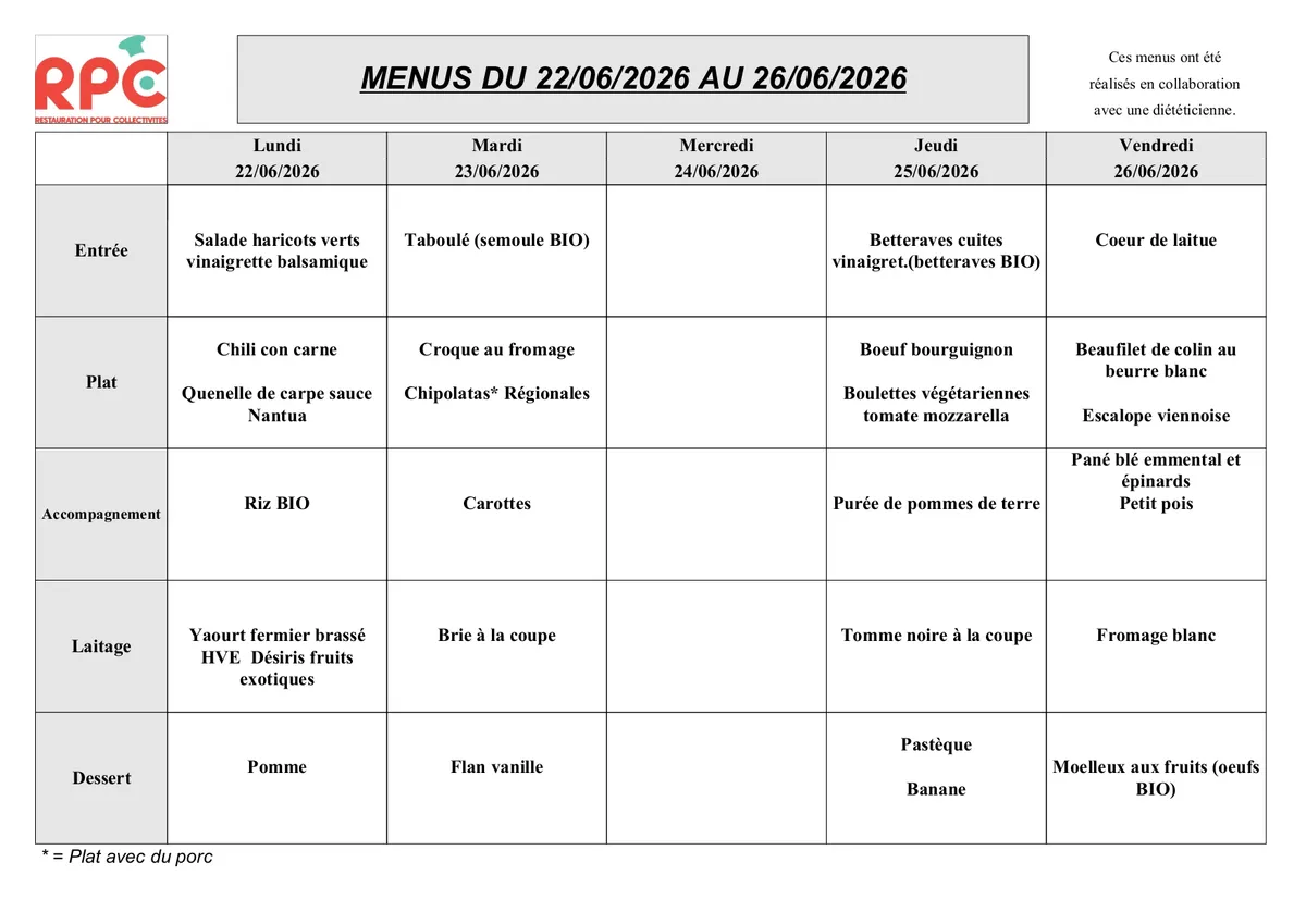 Menu de la semaine