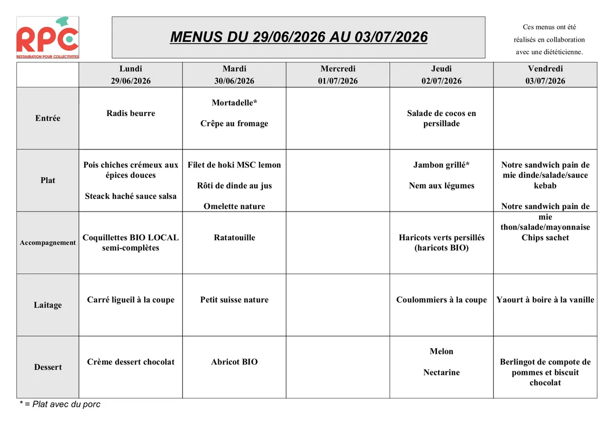Menu de la semaine