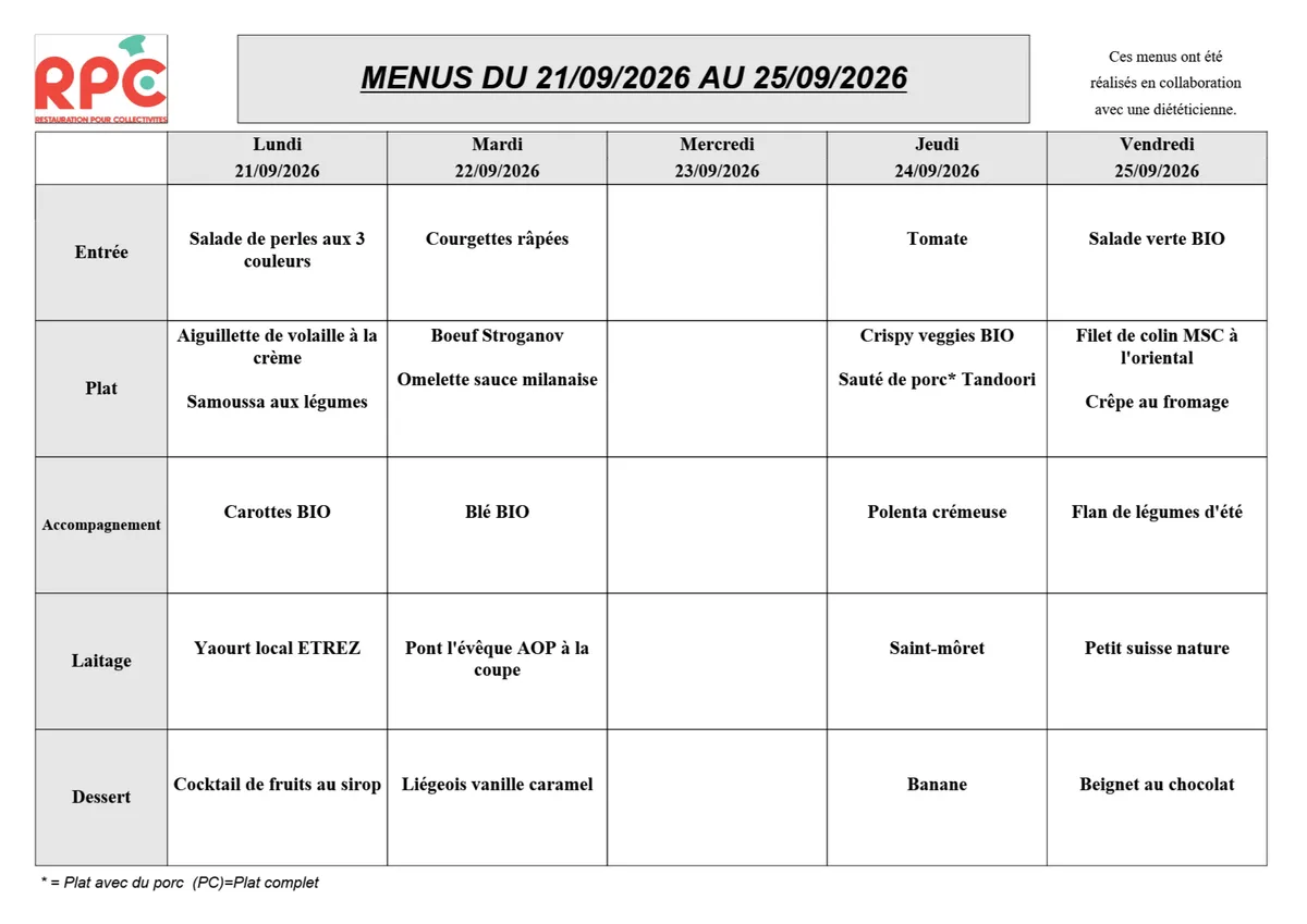 Menu de la semaine