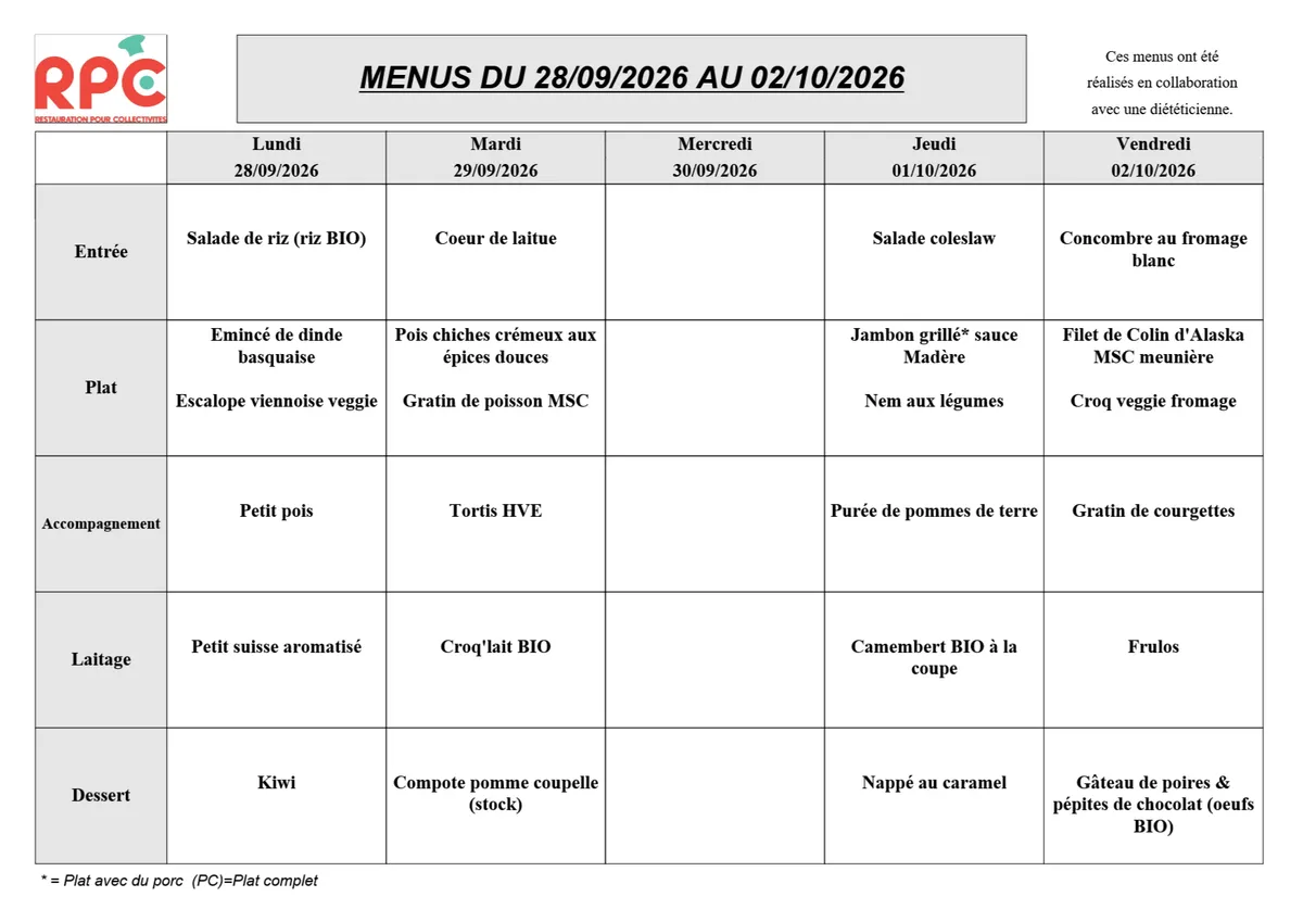 Menu de la semaine