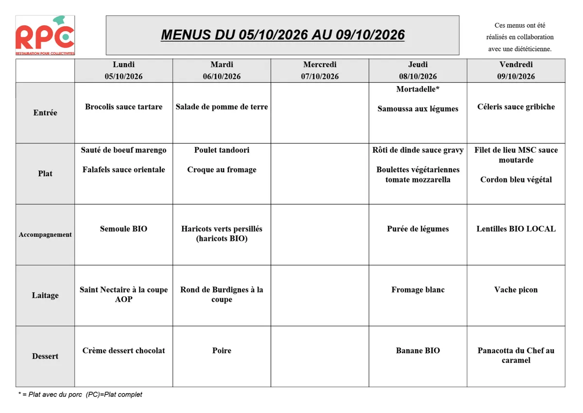 Menu de la semaine