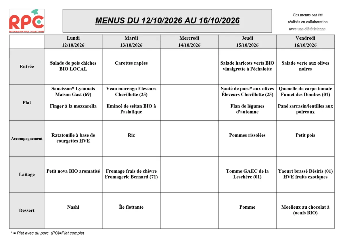 Menu de la semaine