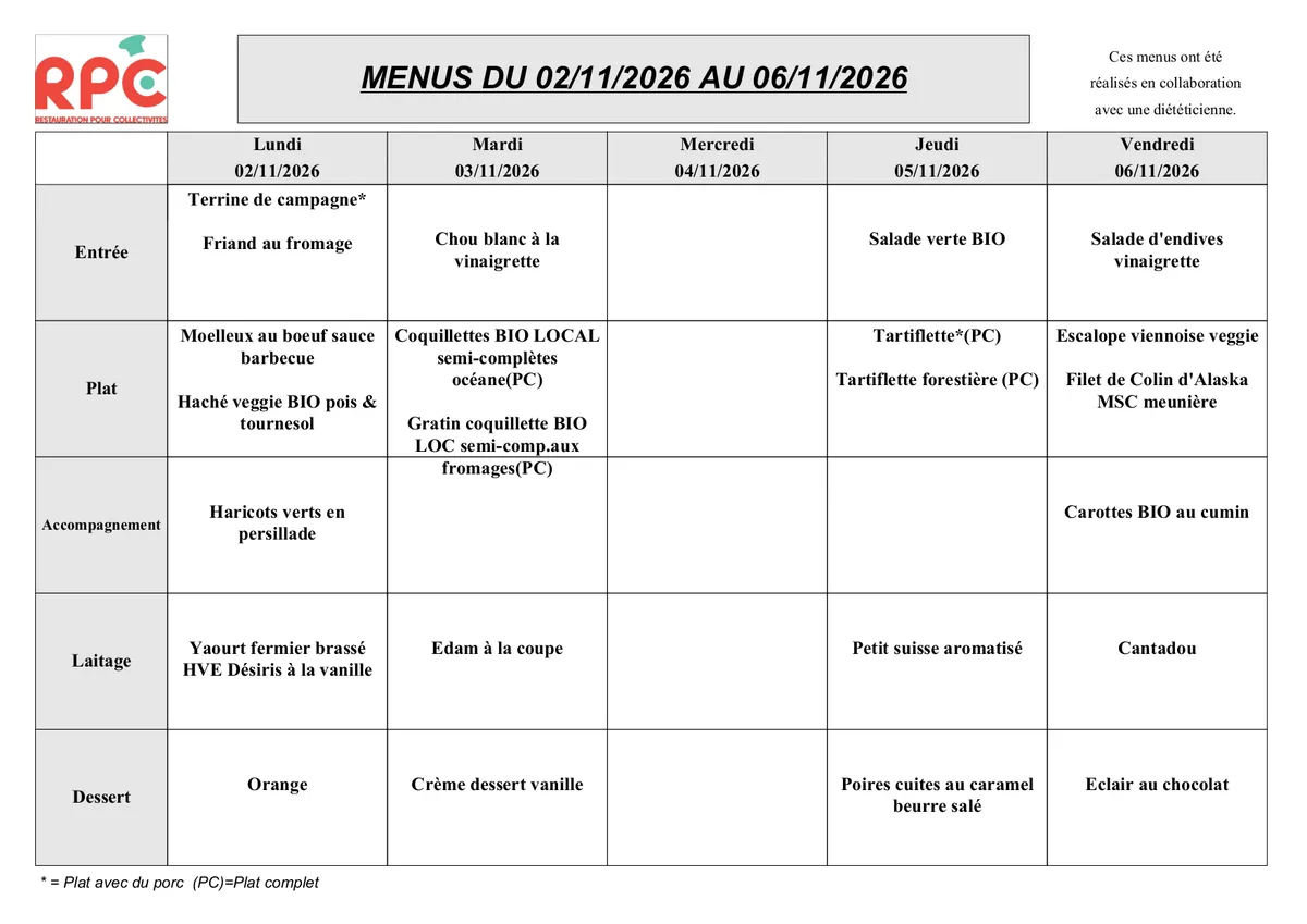 Menu de la semaine