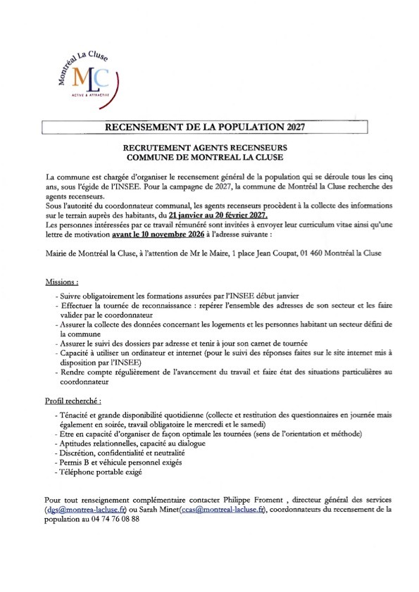 Recrutement agents recenseurs à la mairie de Montréal-La-Cluse